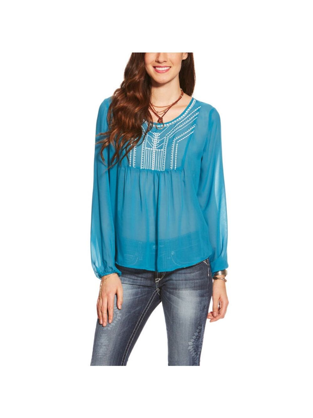 Ariat Molly Blouse Size Medium Sheer Western Wear Cowgirl Embroidered Teal Blue